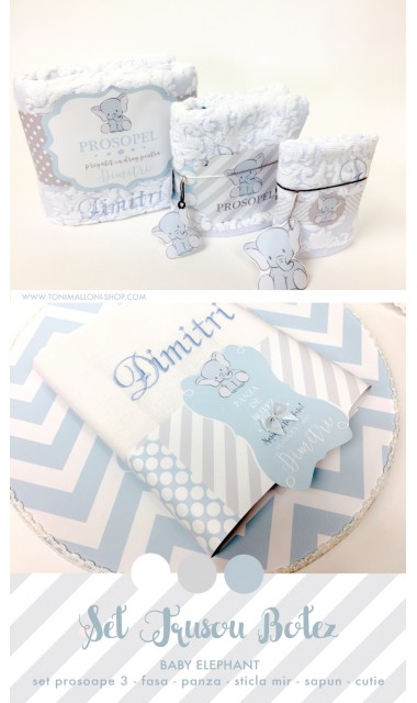 Trusou de botez cu broderie personalizata pentru baieti, Bleu & Grey Elephant 16